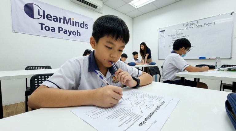 Primary school student planning a PSLE English composition with pen and paper