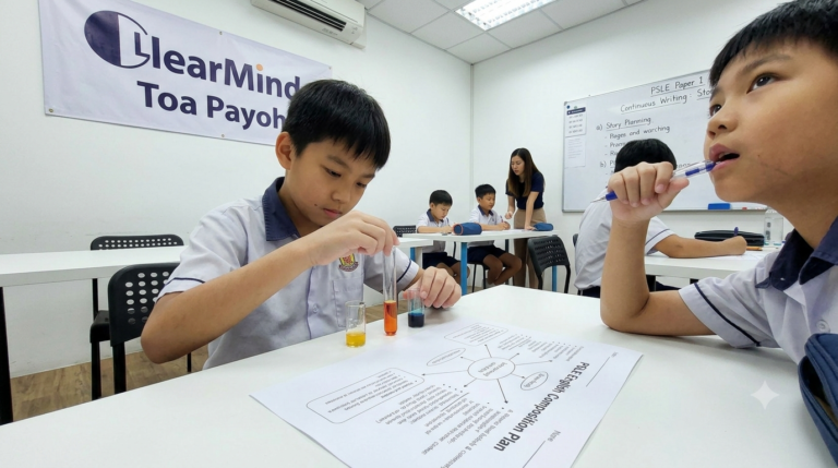 Primary science tuition class with students analysing an experiment set-up