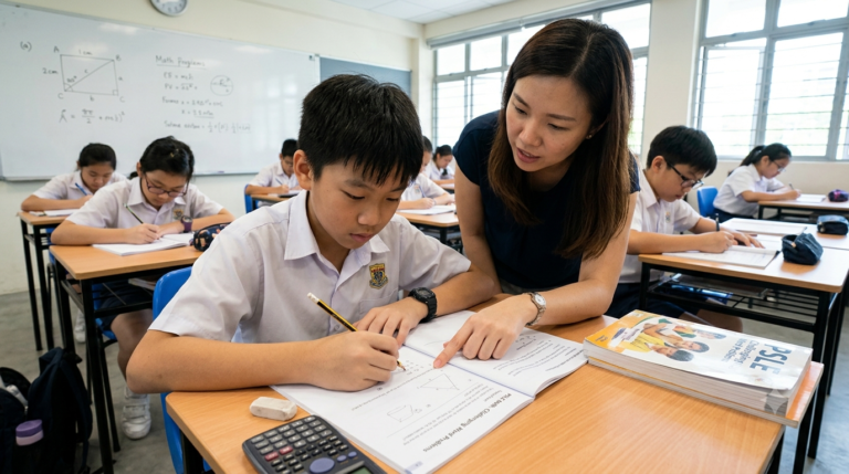 Primary school student working through PSLE Math word problems with a tutor