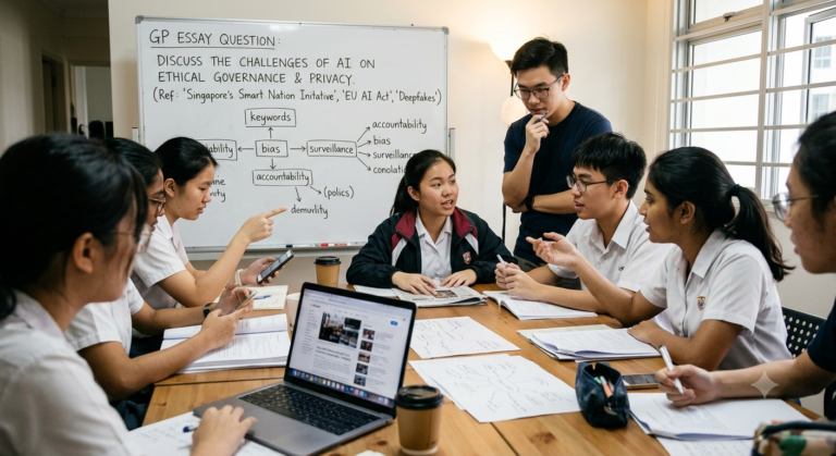 General Paper tuition class discussing a current-affairs essay question