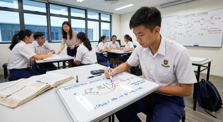 A-Level Chemistry tuition class working through an organic chemistry mechanism