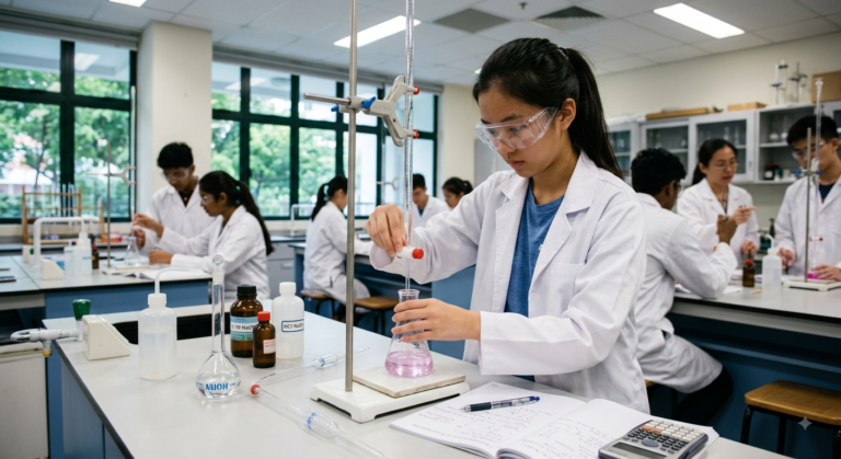 O-Level Chemistry tuition student doing a titration practical