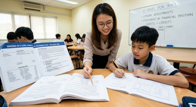 POA tuition class working through an O-Level accounting problem